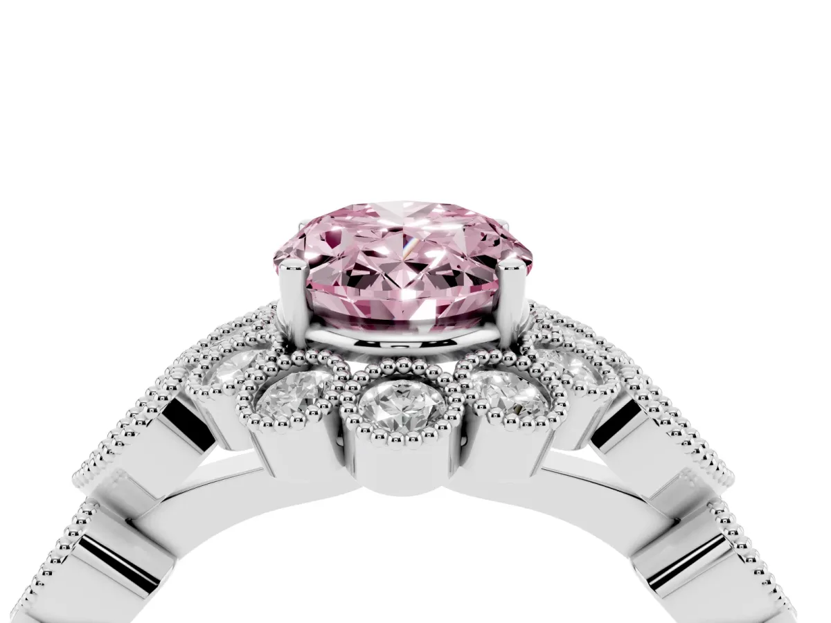 Fancy Pink Oval Cut Brilliant Milgrain Pave Heart Band Solitaire Ring Platinum