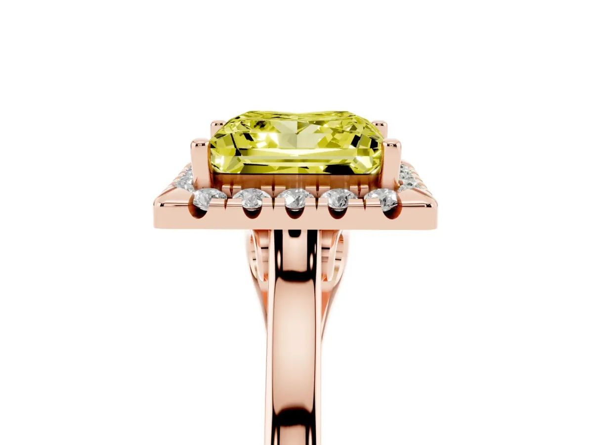 Fancy Yellow Princess Cut Halo Round Diamond Solitaire Ring with Pavé Band and Four-Prong Setting Rose gold