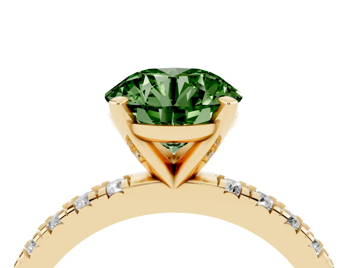 Fancy Green Round Cut Diamond Pavé Band Solitaire with Four-Prong Setting Yellow gold