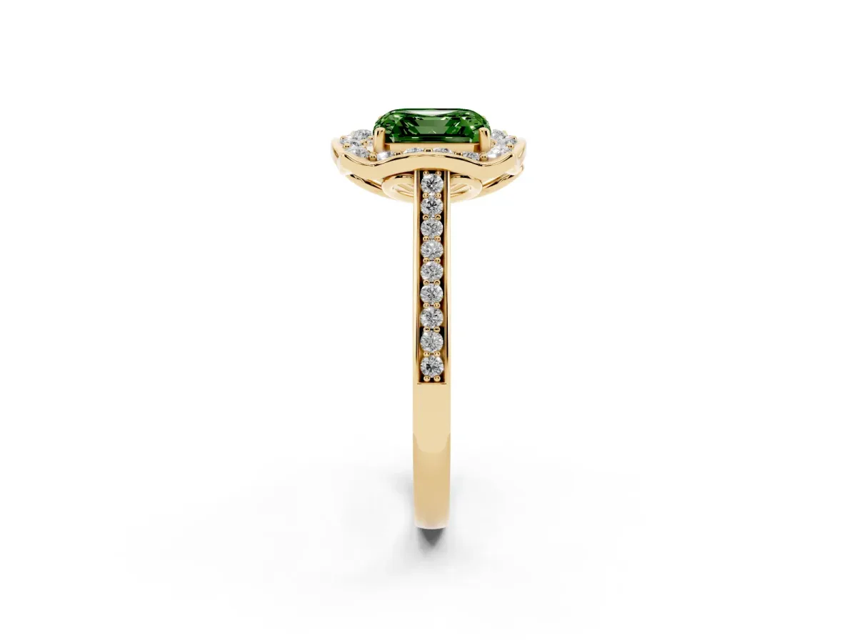 Fancy Green Asscher Cut Halo Round Diamond Pave Band with Four-Prong Setting Yellow gold