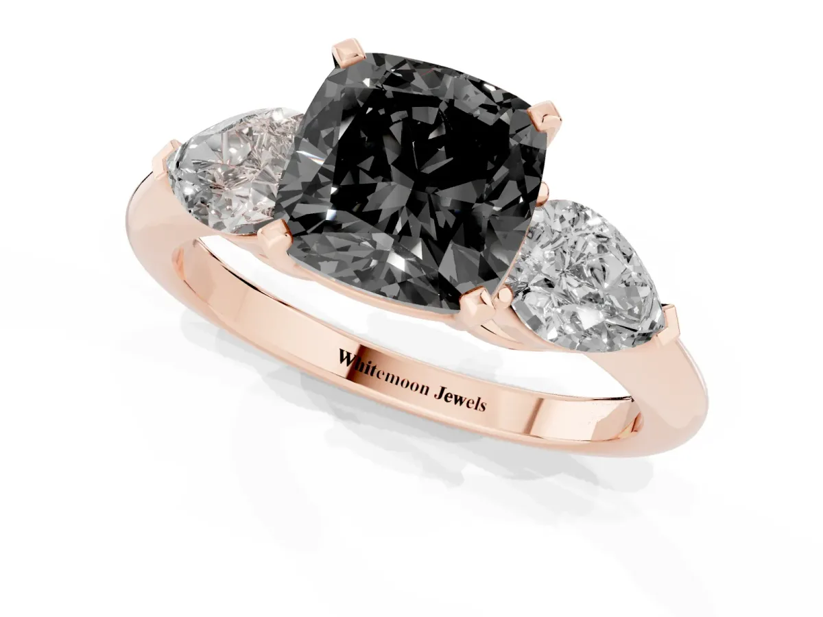 Fancy Black Three-Stone Cushion Cut Diamond Ring with Pear Side Stones and Four-Prong Setting Rose gold