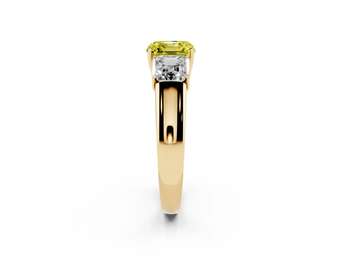 Fancy Yellow Three-Stone Asscher Cut Cut Diamond Ring with Prong Setting and Classic Band Yellow gold