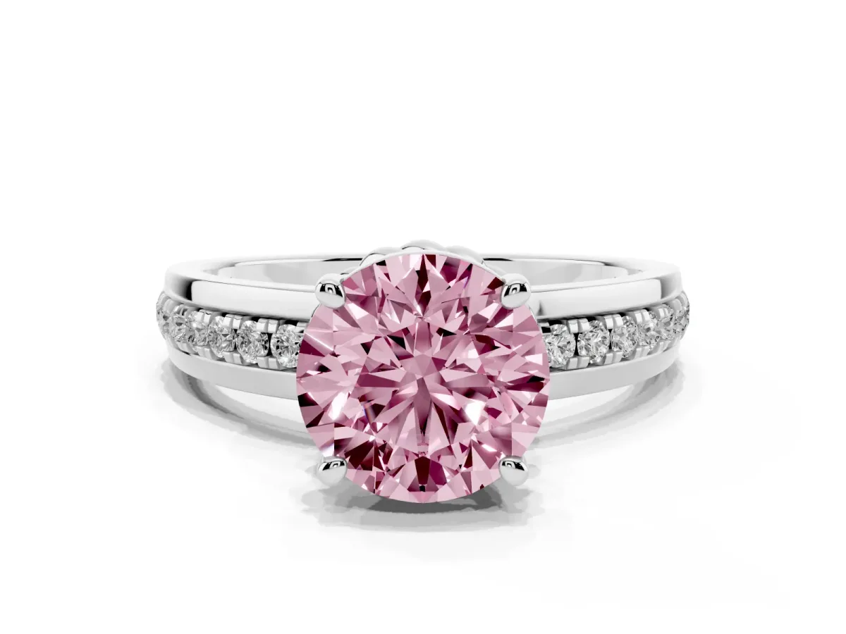 Fancy Pink Round Cut Solitaire Diamond Ring with Channel Set Band and Six-Prong Setting Silver