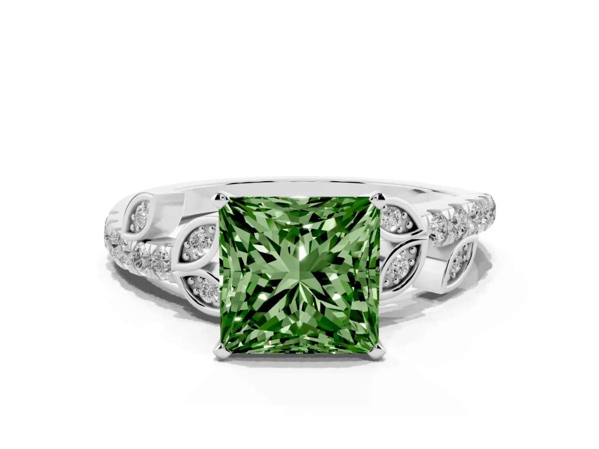 Fancy Green Princess Cut Solitaire Leaf-Inspired Diamond Ring with Pavé Band and Four-Prong Setting Platinum