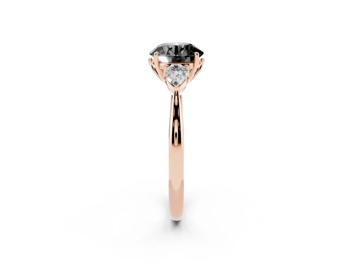 Fancy Black Three-Stone Round Cut Brilliant Diamond Solitaire Ring with Tapered Band and Four-Prong Setting Rose gold