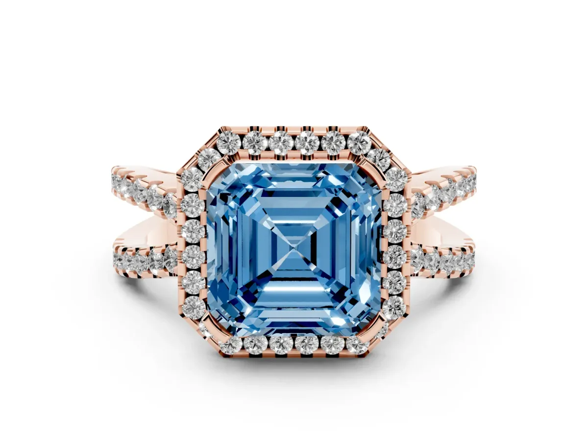 Fancy Blue Asscher Cut Diamond Halo Ring with Split Shank Pavé Band and Prong Setting Rose gold