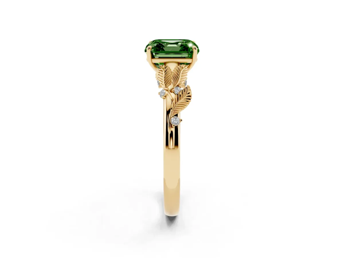 Fancy Green Asscher Cut Diamond Solitaire Ring with Leaf Motif Band and Four-Prong Setting Yellow gold