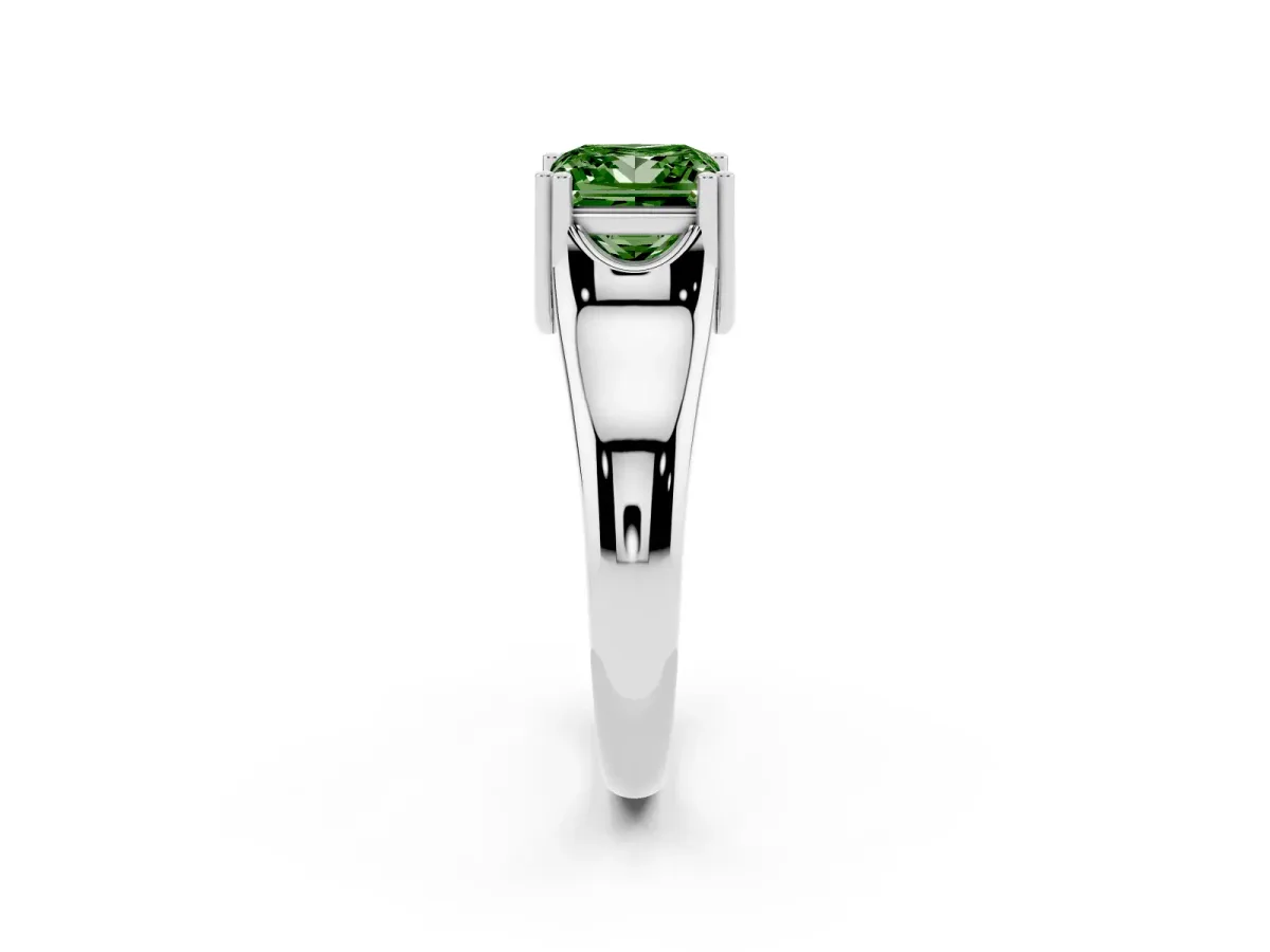 Fancy Green Princess Cut Diamond Solitaire Ring with Wide Band and Prong Setting White gold