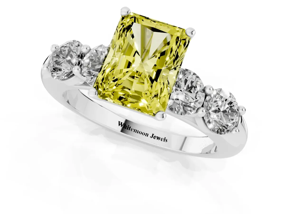 Fancy Yellow Radiant Cut Cut Five-Stone Prong Set Diamond Ring with Classic Band Silver