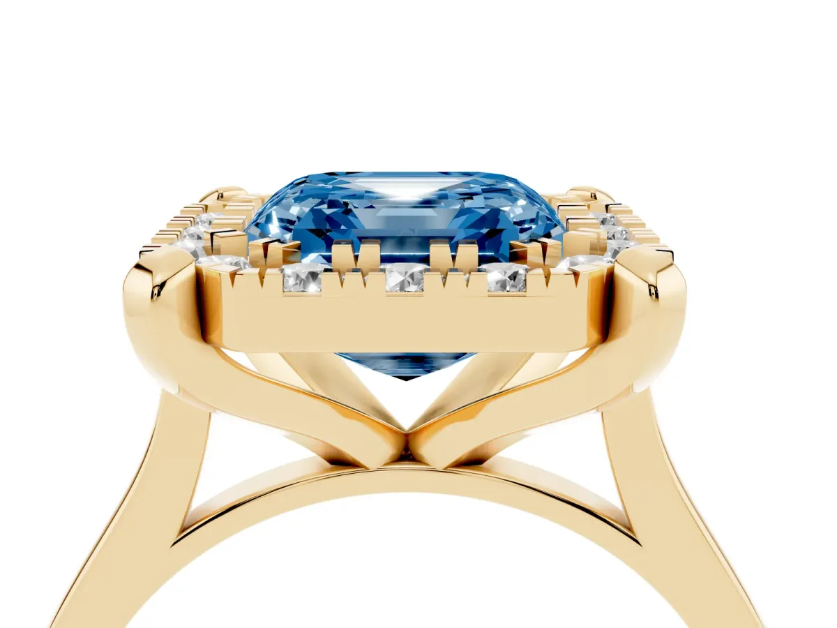 Fancy Blue Asscher Cut Diamond Cluster Halo Solitaire with Four-Prong Setting Yellow gold