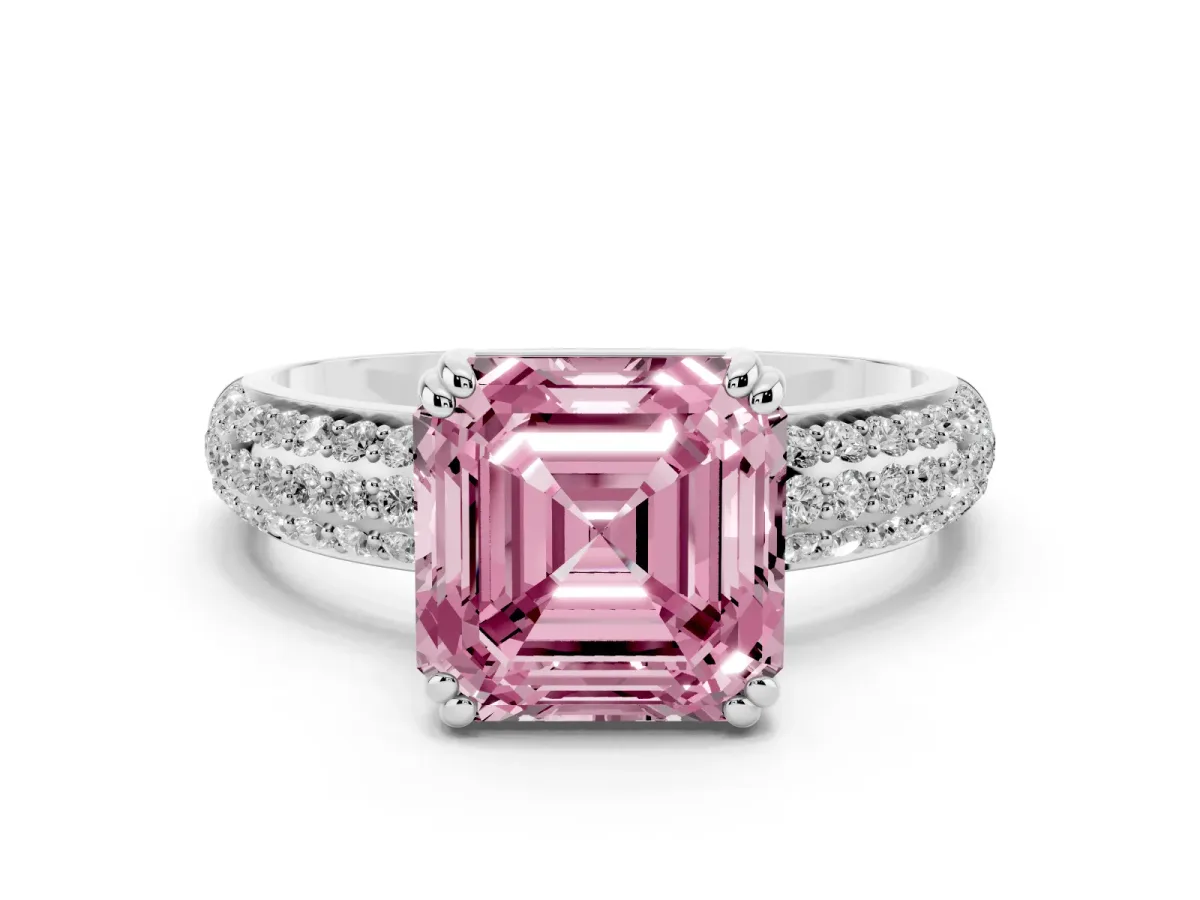 Fancy Pink Asscher Cut Diamond Solitaire Ring with Multi-Row Round Pavé Band and Prong Setting Silver