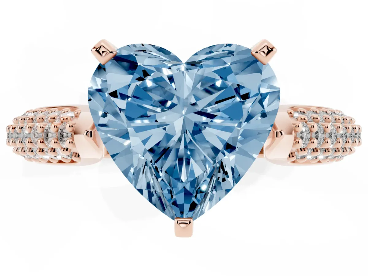 Fancy Blue Heart Cut Diamond Solitaire Engagement Ring with Multi-Row Round Pavé Band and Prong Setting Rose gold