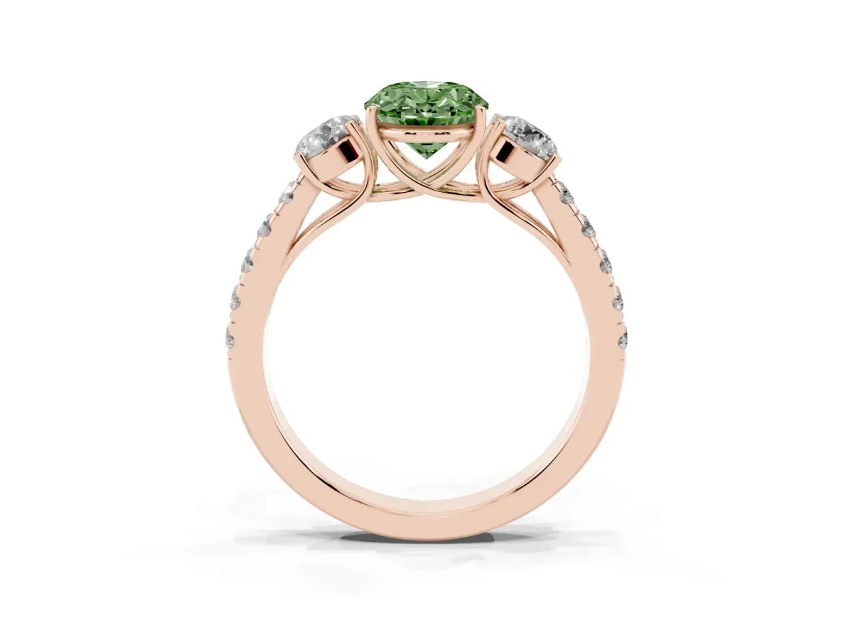 Fancy Green Oval Cut Cut Diamond Three-Stone Ring with Round Side Stones and Pavé Band Rose gold