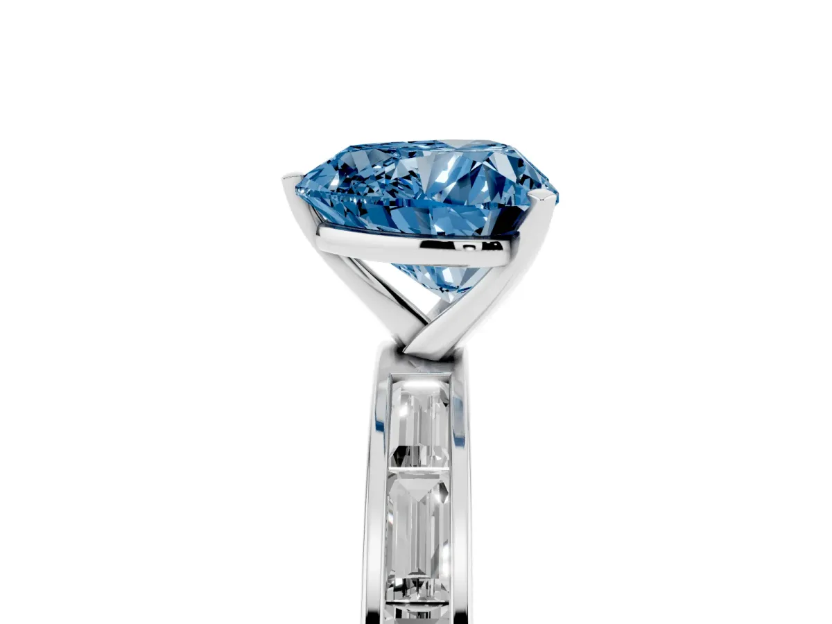 Fancy Blue Heart Cut Solitaire Diamond Ring with Channel-Set Baguette Band and Four-Prong Setting Platinum