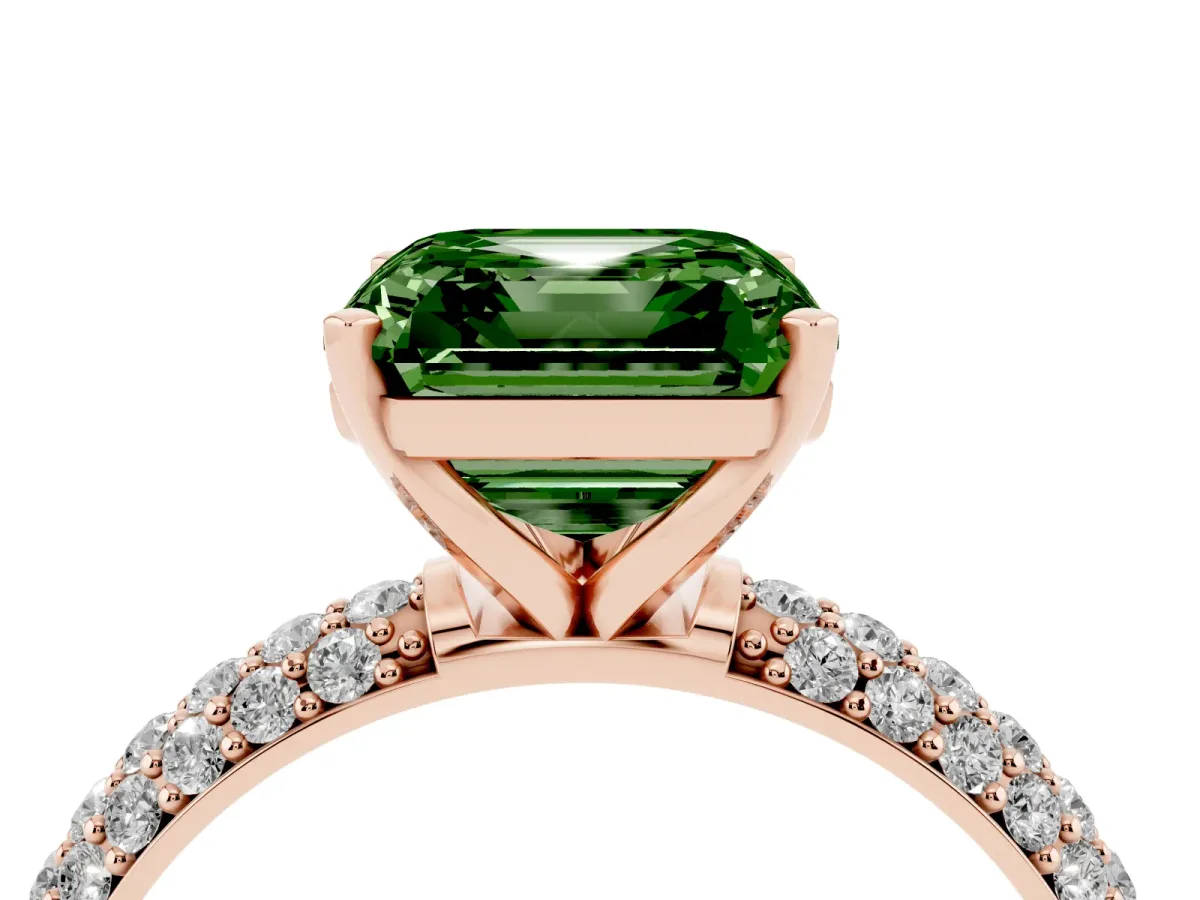 Fancy Green Asscher Cut Diamond Solitaire Ring with Prong Setting and Pavé Band Rose gold