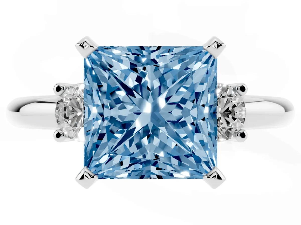 Fancy Blue Three-Stone Princess Cut Cut Diamond Solitaire with Prong Setting and Classic Band Platinum
