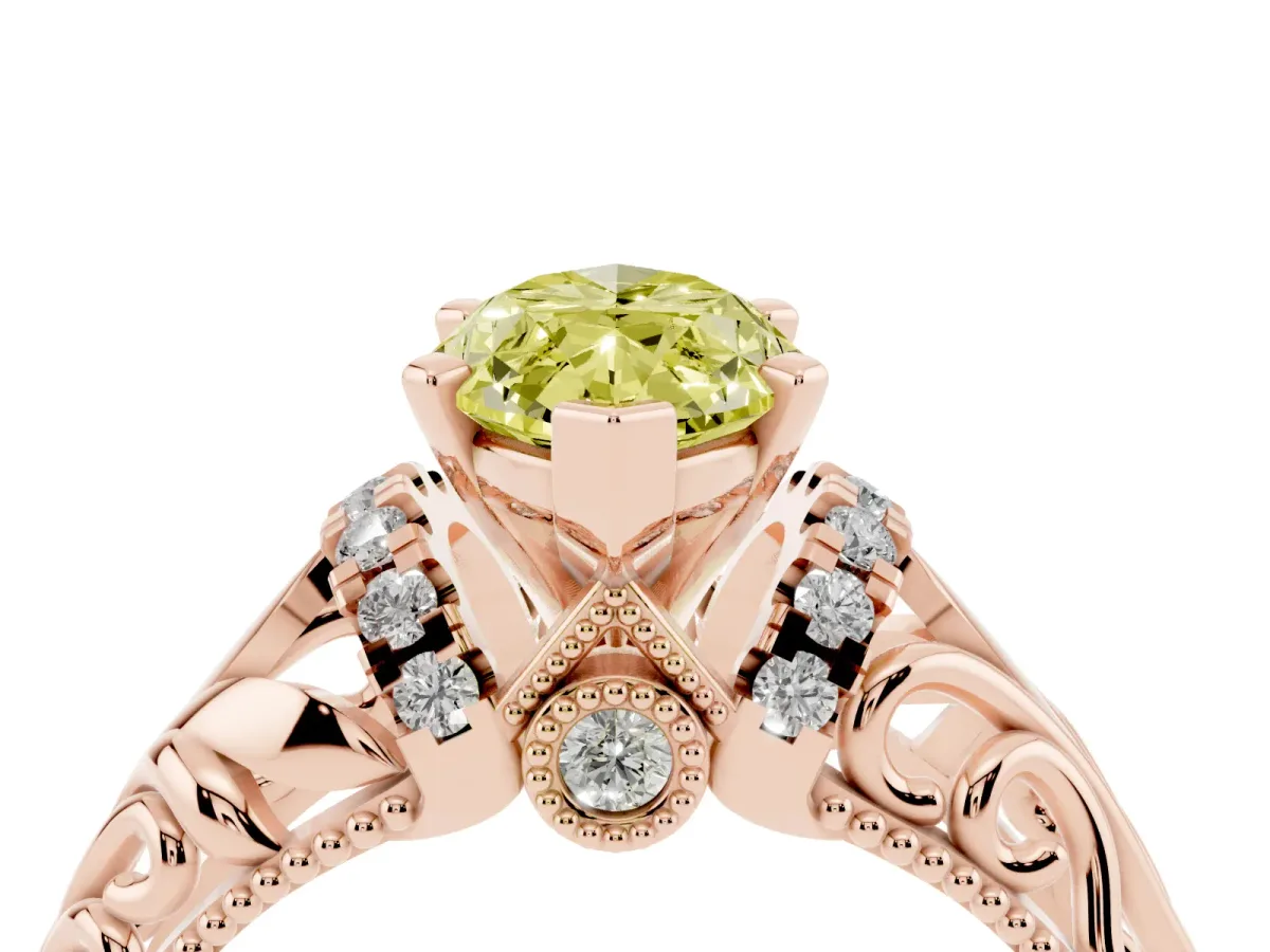 Fancy Yellow Marquise Cut Solitaire Filigree Engagement Ring with Halo and Prong Setting Rose gold
