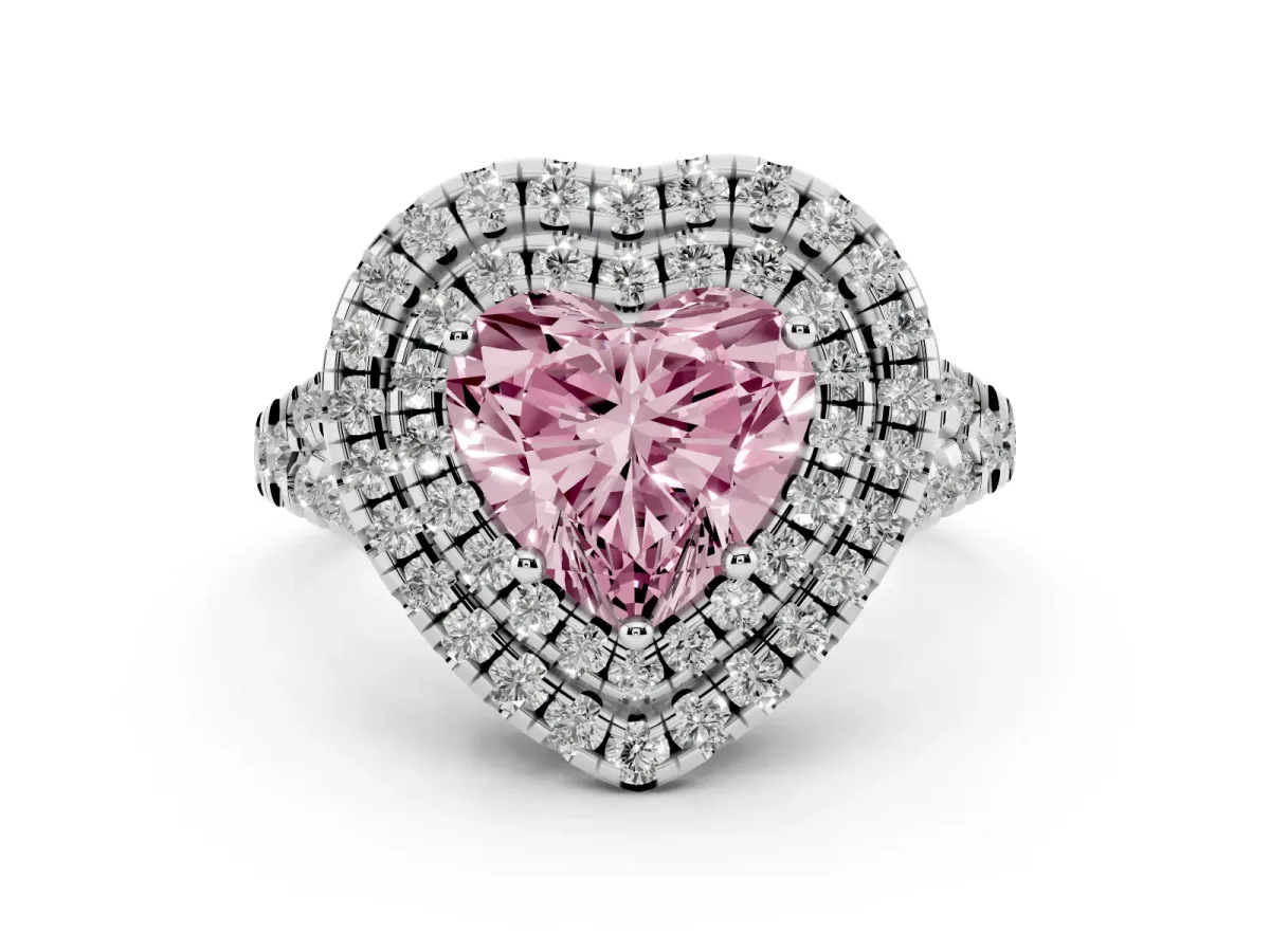 Fancy Pink Double Halo Heart Cut Diamond Pavé Split Shank Ring with Prong Setting Platinum