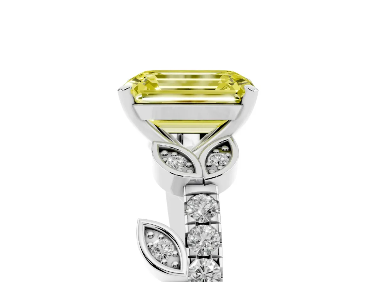 Fancy Yellow Emerald Cut Solitaire Leaf-Inspired Diamond Ring with Pavé Band and Four-Prong Setting Silver