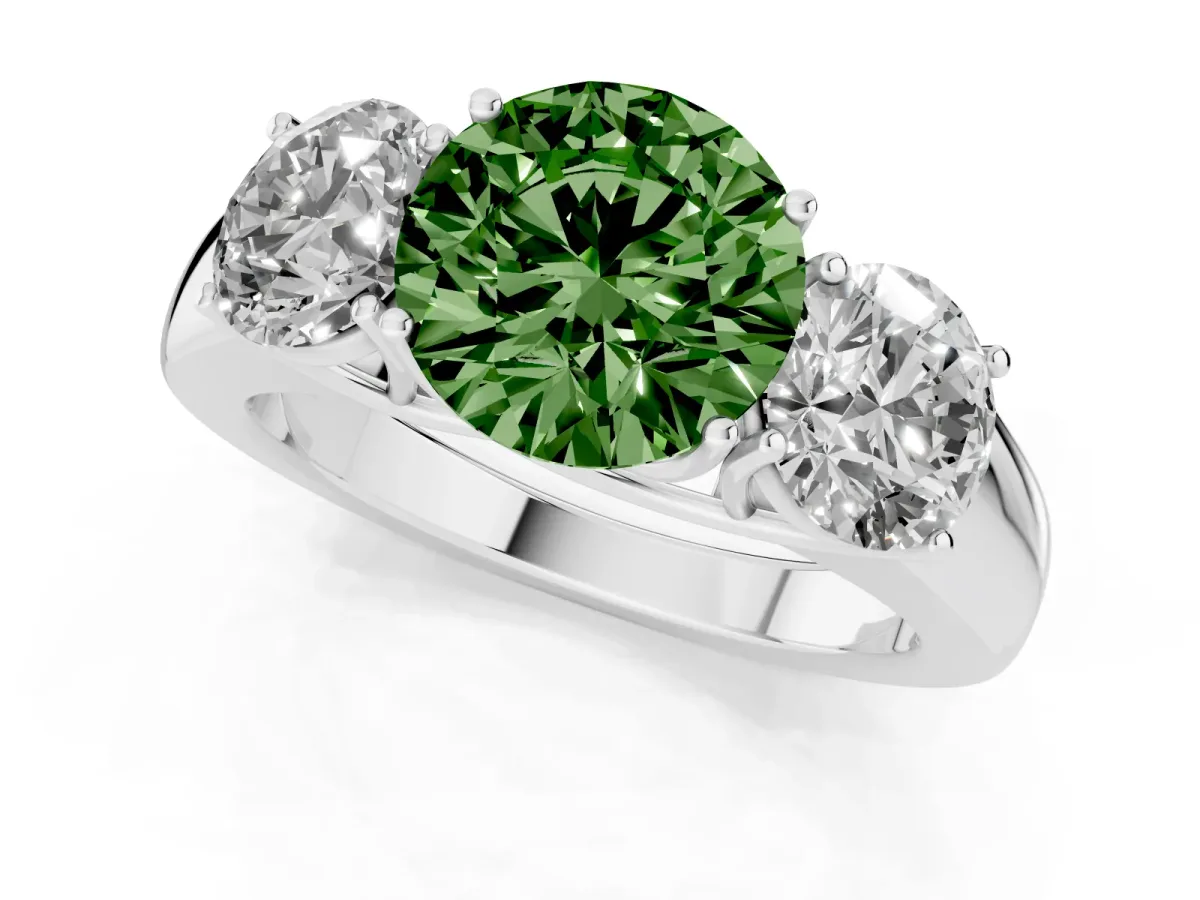 Fancy Green Three-Stone Round Cut Cut Diamond Ring with Prong Setting and Classic Band Silver