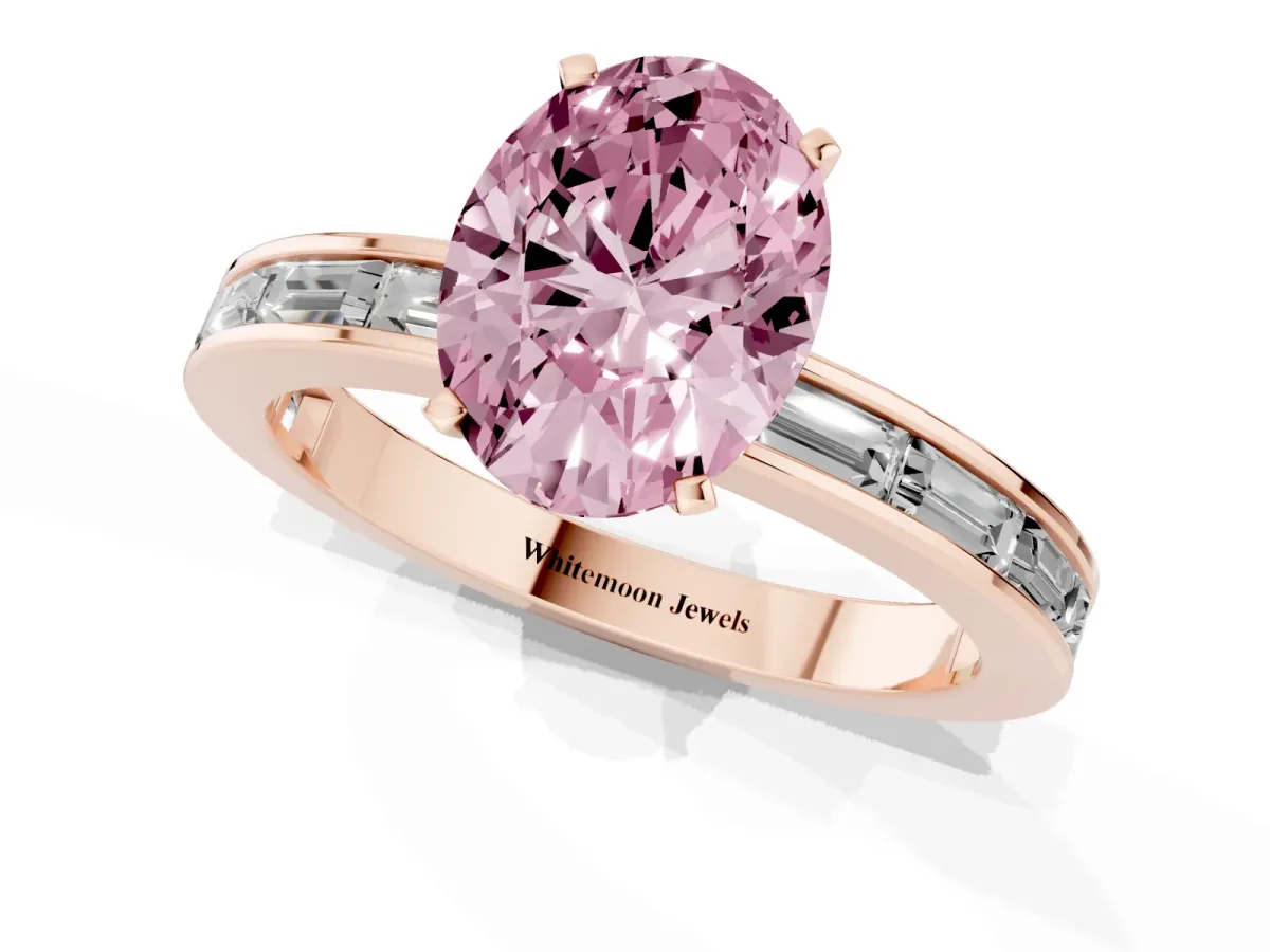 Fancy Pink Oval Cut Solitaire Diamond Ring with Channel-Set Baguette Band and Four-Prong Setting Rose gold