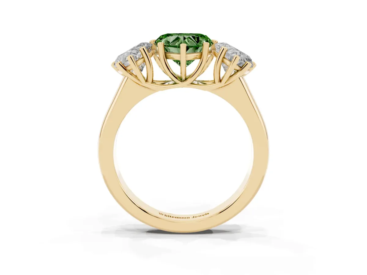 Fancy Green Heart Cut Three-Stone Diamond Ring with Prong Setting on a Classic Band Yellow gold