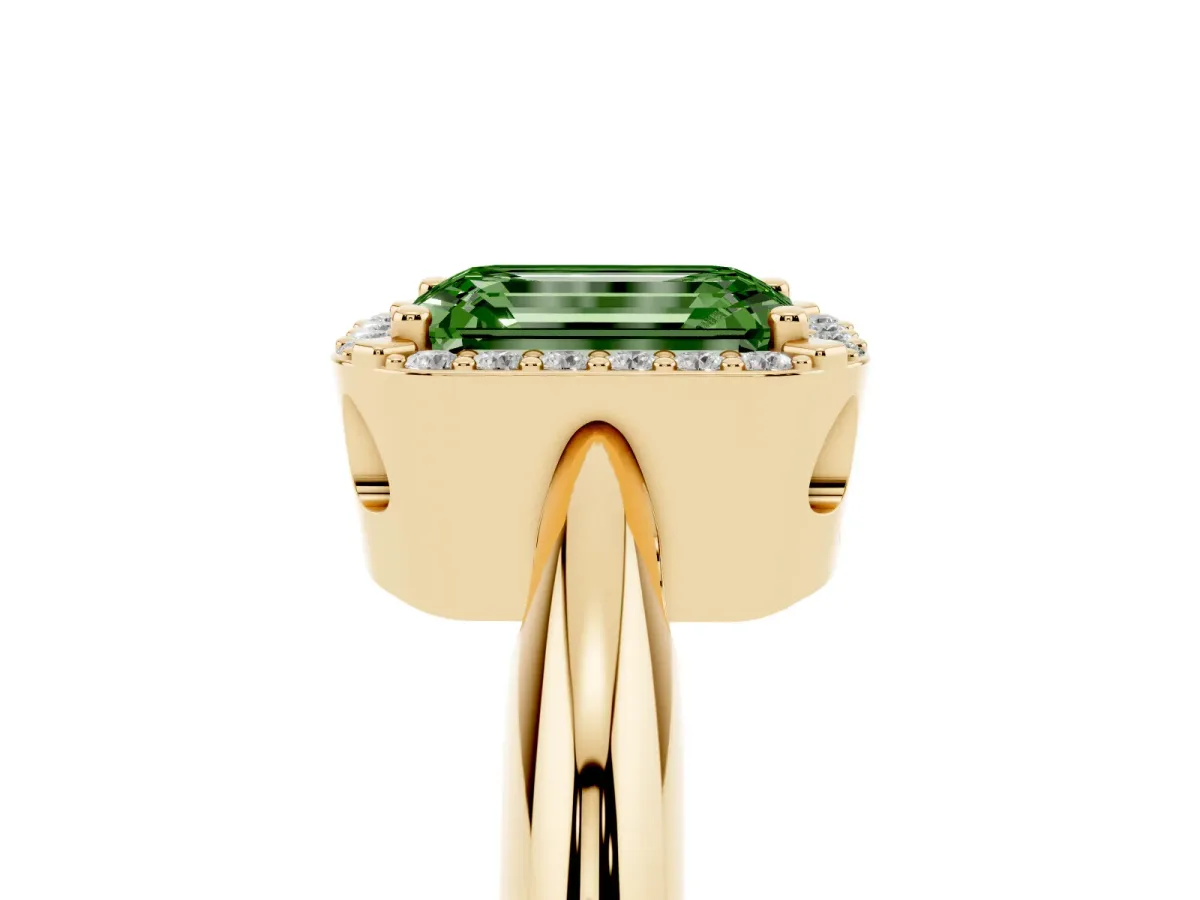 Fancy Green Emerald Cut Cut Diamond Halo Engagement Ring with Split Shank and Four-Prong Setting Yellow gold