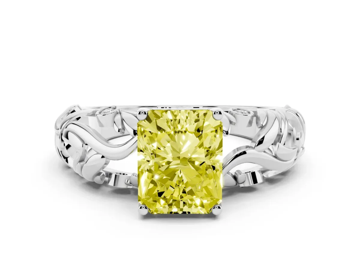 Fancy Yellow Radiant Cut Solitaire Diamond Leaf-Inspired Vine Band Ring with Prong Setting White gold