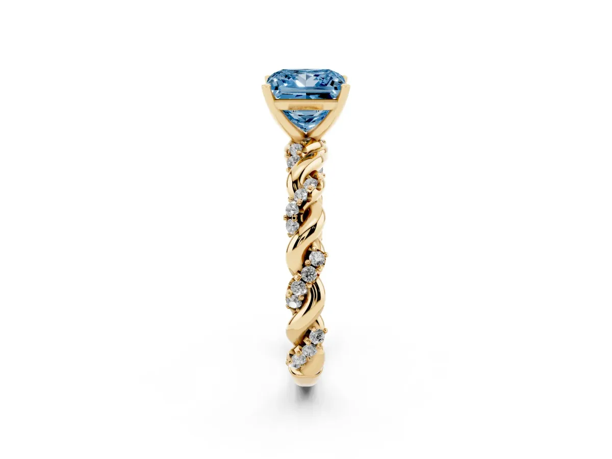 Fancy Blue Princess Cut Diamond Solitaire Ring with Twisted Band and Pavé Accents Yellow gold