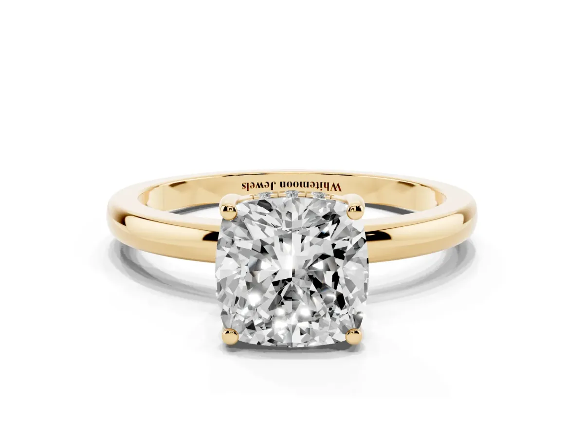 Cushion Cut Solitaire Diamond Ring with Prong Setting and Plain Band Yellow gold