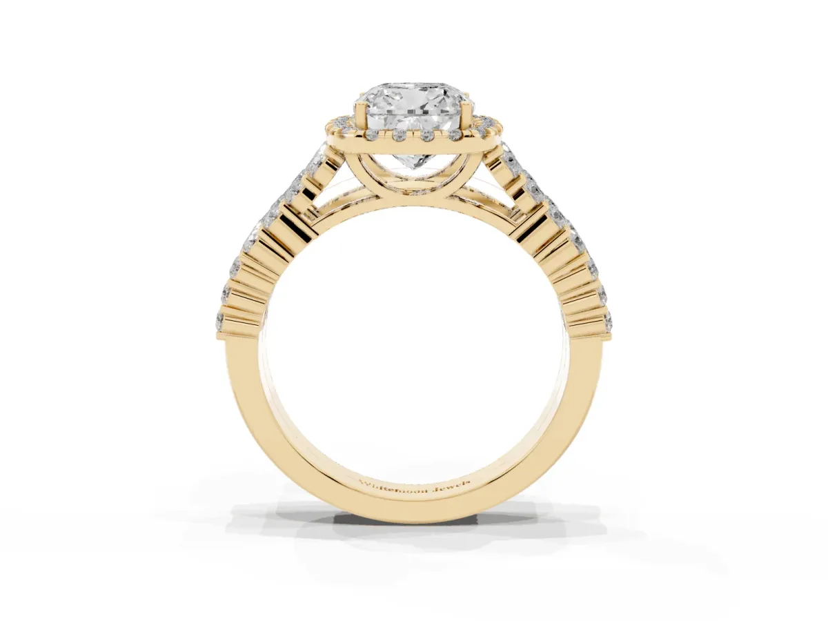 Cushion Cut Diamond Halo Engagement Ring with Triple Row Round Pavé Band and Prong Setting Yellow gold