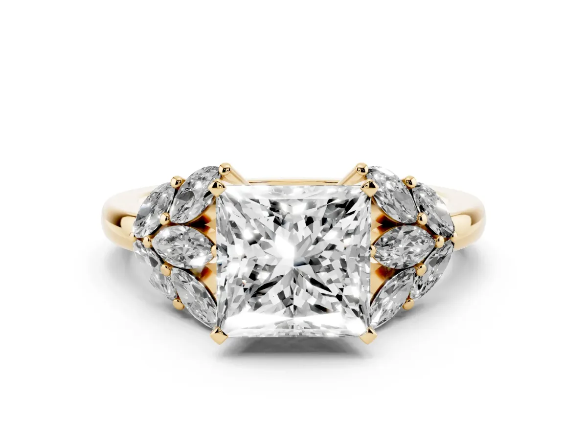 Princess Cut Diamond Cluster Leaf Design Ring with Prong Setting Yellow gold
