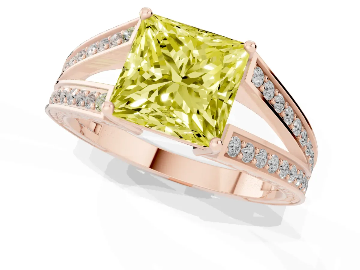 Fancy Yellow Princess Cut Diamond Split Shank Ring with Pavé Band and Four-Prong Setting Rose gold