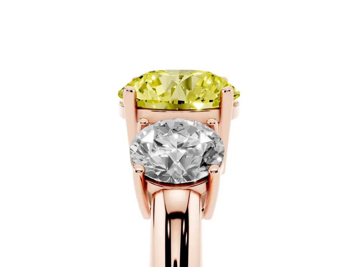 Fancy Yellow Three-Stone Round Cut Cut Diamond Engagement Ring with Prong Setting on a White Gold Band Rose gold