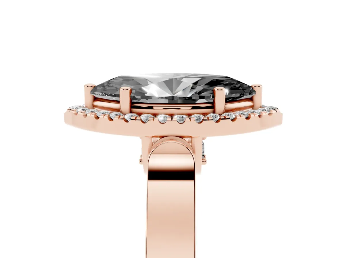 Fancy Black Marquise Cut Halo Round Diamond Twist Band with Four-Prong Setting Rose gold