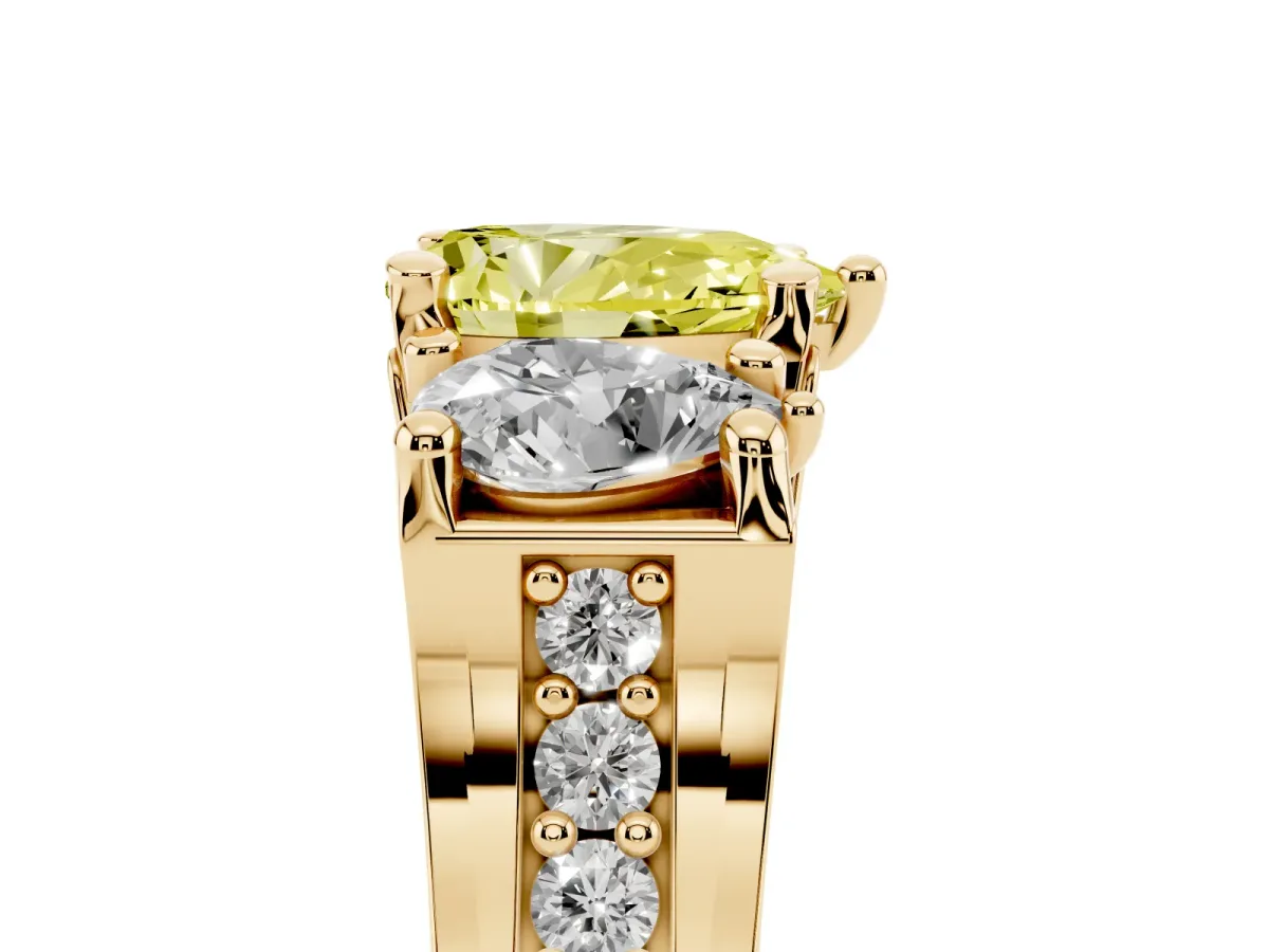 Fancy Yellow Pear Cut Diamond Three-Stone Ring with Channel Set Band and Four-Prong Setting Yellow gold