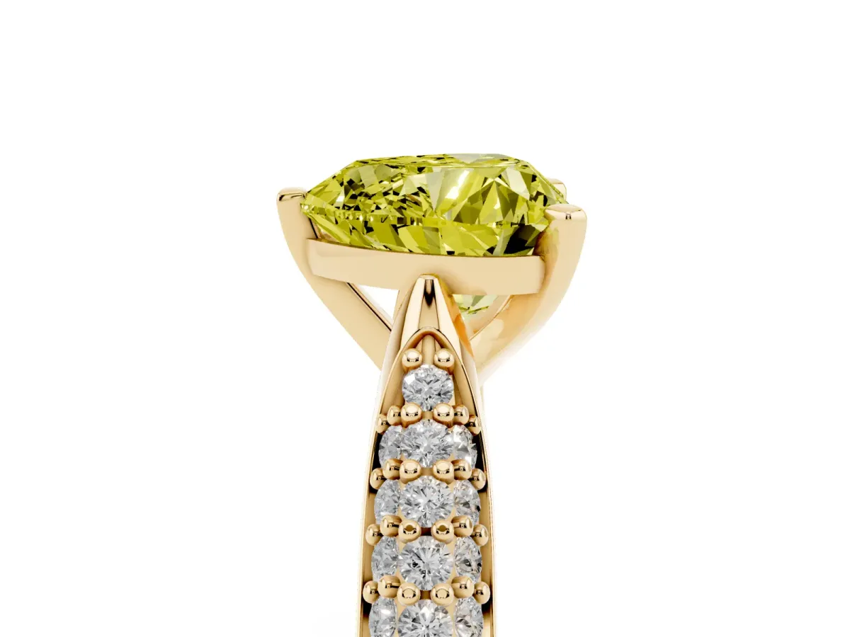 Fancy Yellow Heart Cut Diamond Solitaire Engagement Ring with Multi-Row Round Pavé Band and Prong Setting Yellow gold