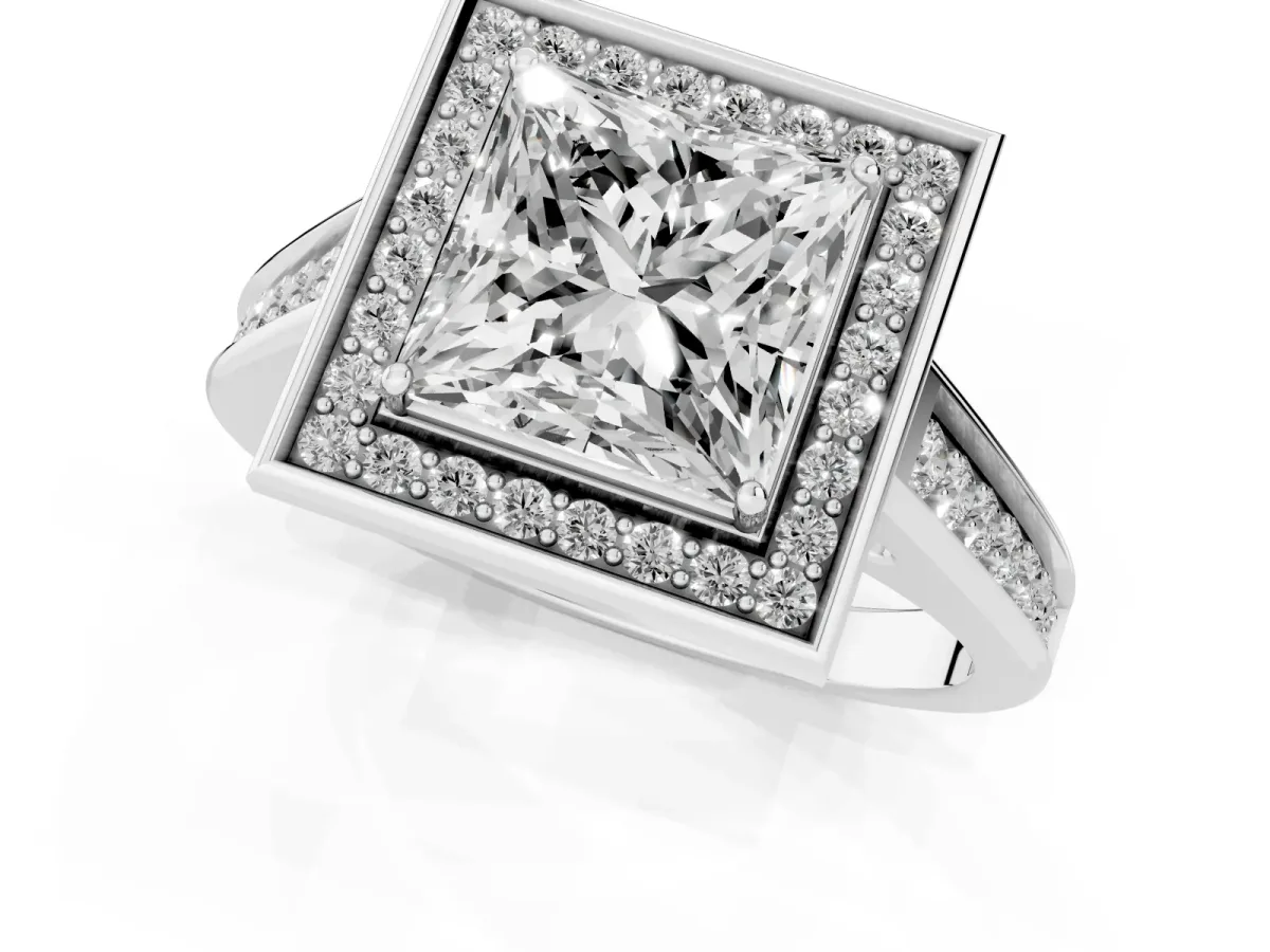 Princess Cut Halo Solitaire Diamond Ring with Pave Band and Bezel Setting Silver