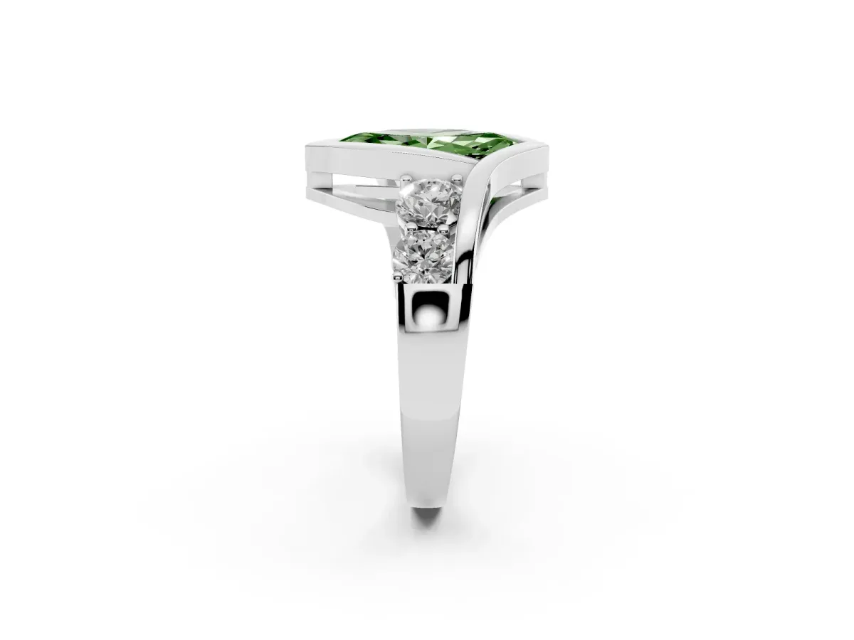 Fancy Green Bezel Set Marquise Cut Diamond Bypass Ring with Round Accents Silver