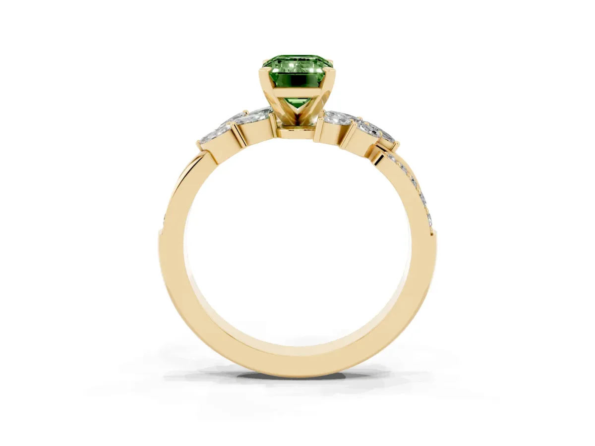 Fancy Green Emerald Cut Solitaire Marquise Twist Band with Six-Prong Setting Yellow gold