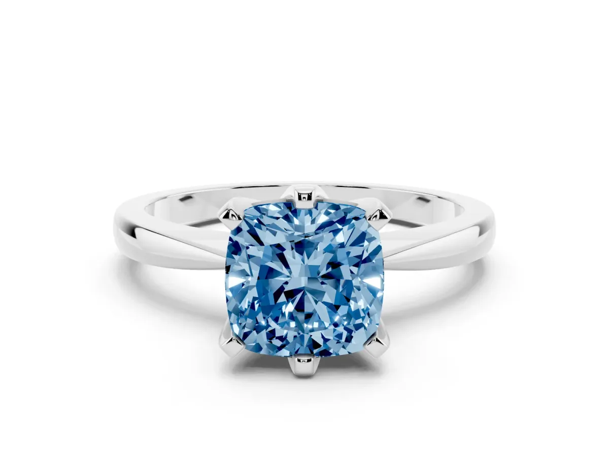 Fancy Blue Cushion Cut Solitaire Engagement Ring with Six-Prong Setting and Tapered Band White gold