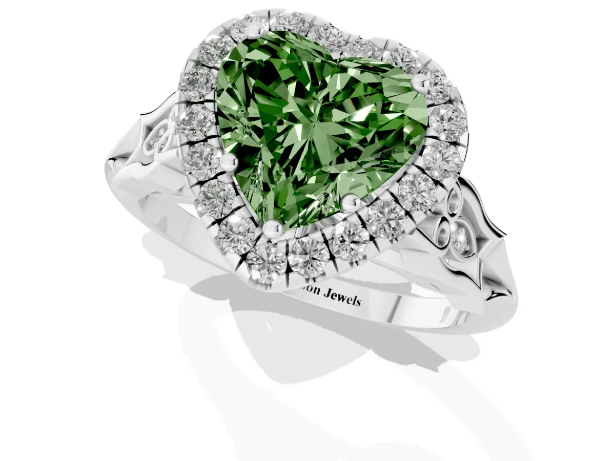 Fancy Green Heart Cut Halo Diamond Engagement Ring with Filigree Band and Four-Prong Setting Silver