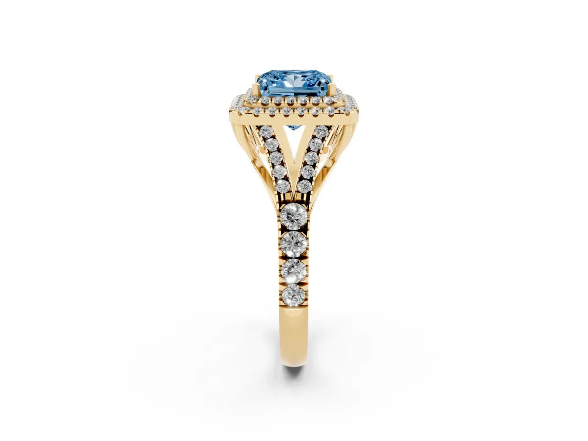 Fancy Blue Princess Cut Cut Double Halo Split Shank Diamond Ring with Prong Setting Yellow gold