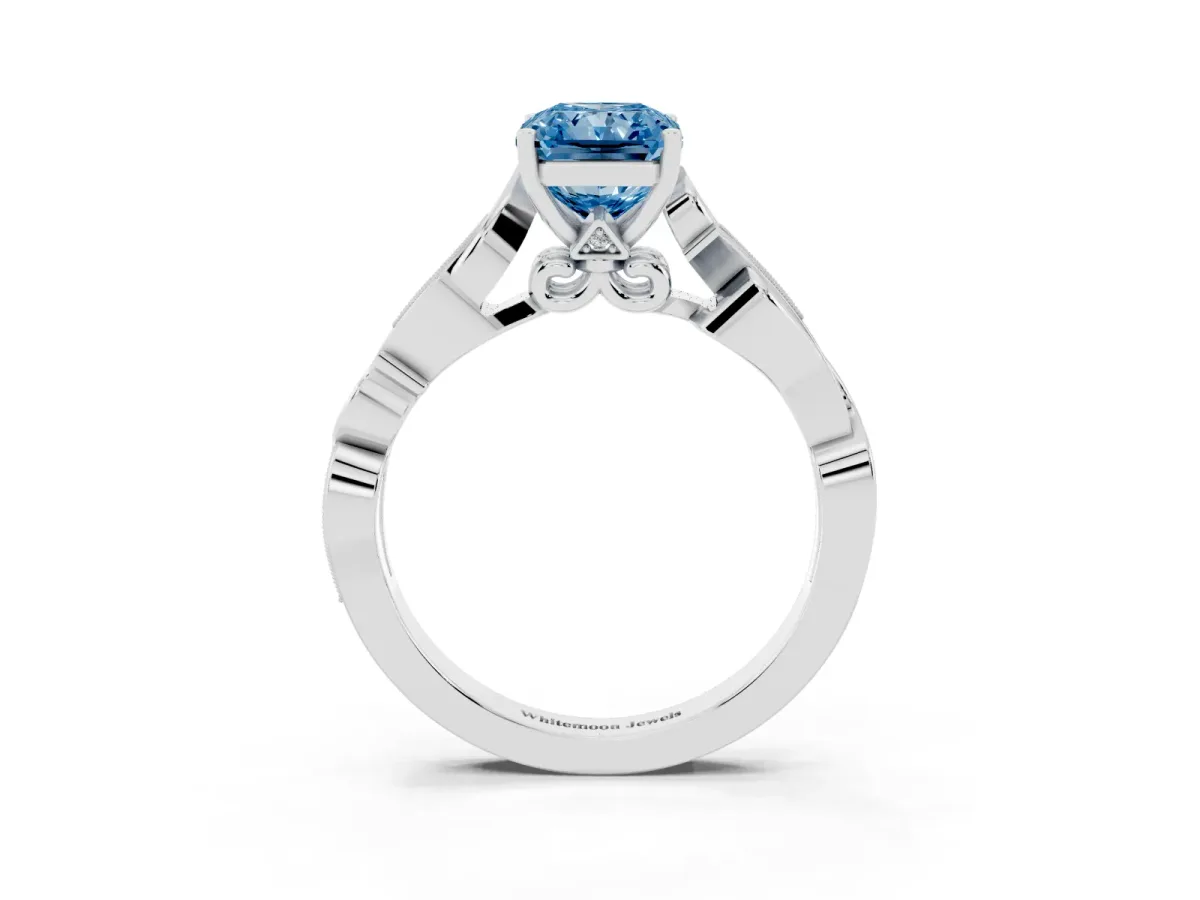 Fancy Blue Radiant Cut Solitaire Vine Band with Milgrain Prong Setting Platinum