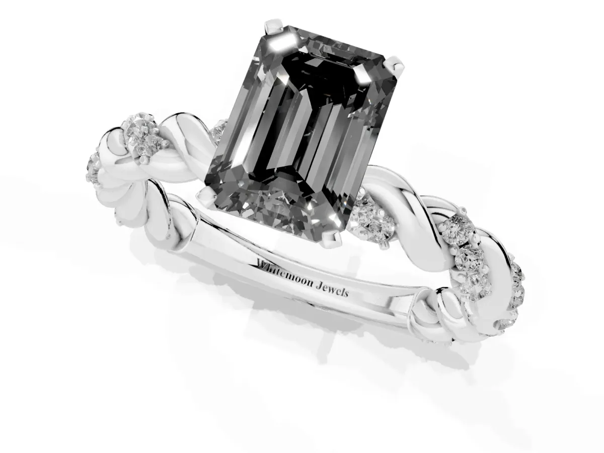 Fancy Black Emerald Cut Diamond Solitaire Ring with Twisted Band and Pavé Accents Platinum