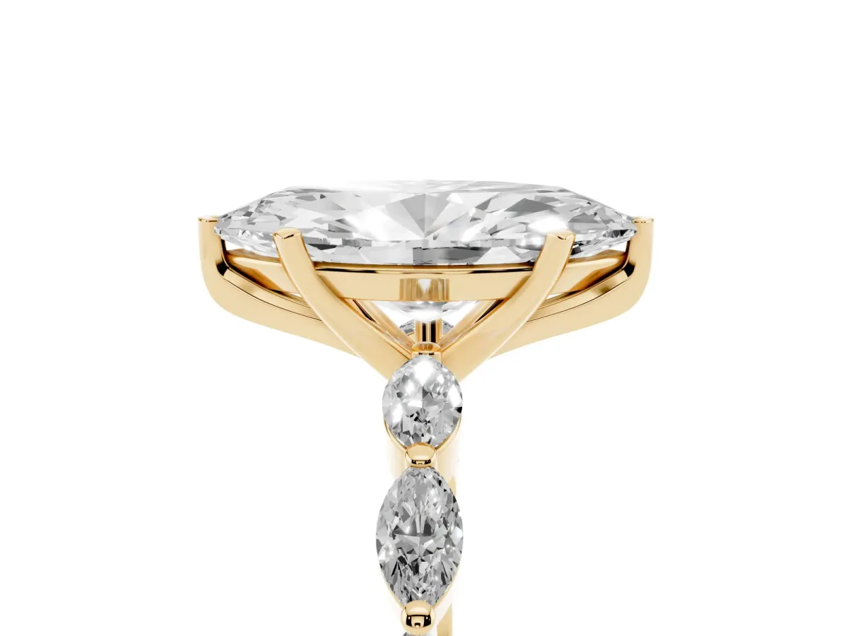 Marquise Cut Diamond Ring with Marquise Side Stones and Prong Setting Yellow gold