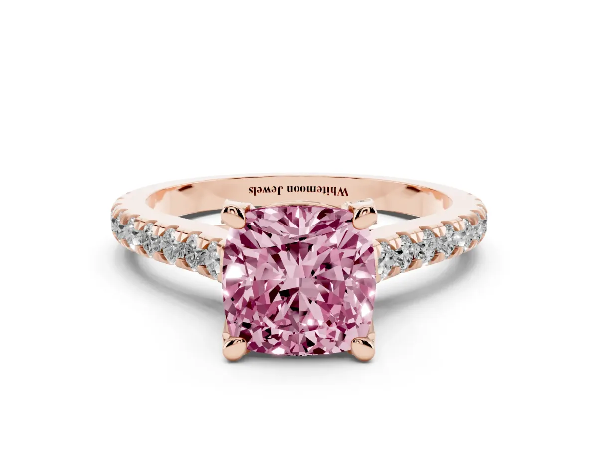 Fancy Pink Cushion Cut Brilliant Diamond Solitaire with Pavé Band and Four-Prong Setting Rose gold