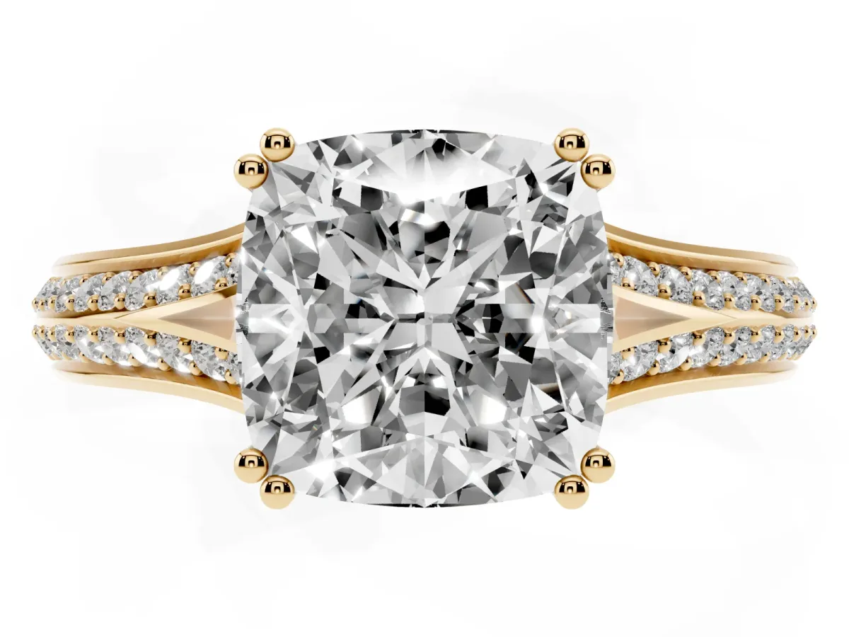 Cushion Cut Diamond Split Shank Engagement Ring with Pavé Band Yellow gold