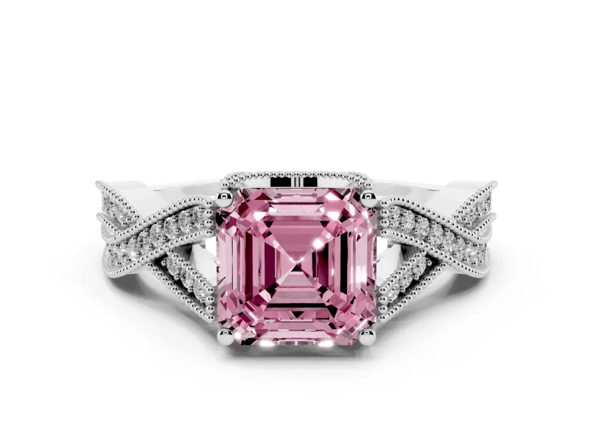 Fancy Pink Asscher Cut Cut Diamond Twisted Band with Milgrain Pave Setting and Four-Prong Setting Silver