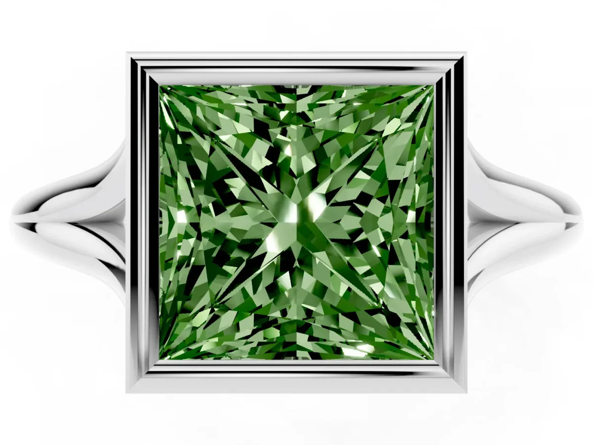 Fancy Green Bezel Set Princess Cut Cut Solitaire Ring with Tapered Band Platinum